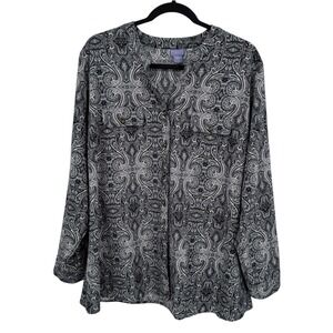 Laura Scott Woman 3X Paisley Button Front Blouse Black White Roll Tab Sleeves